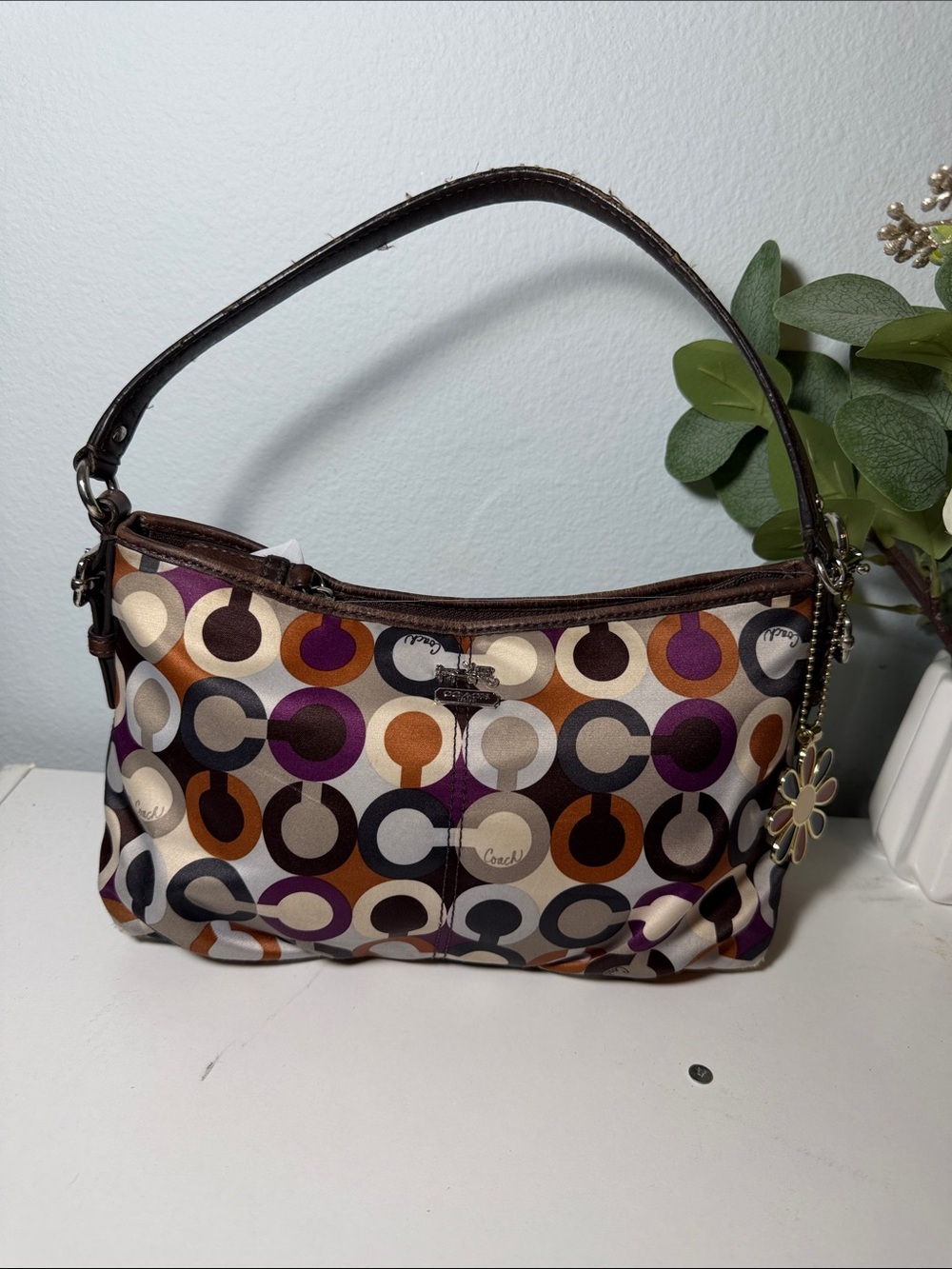 Coach  small Brown Leather-Trim Multicolor Circle-Print Shoulder Bag